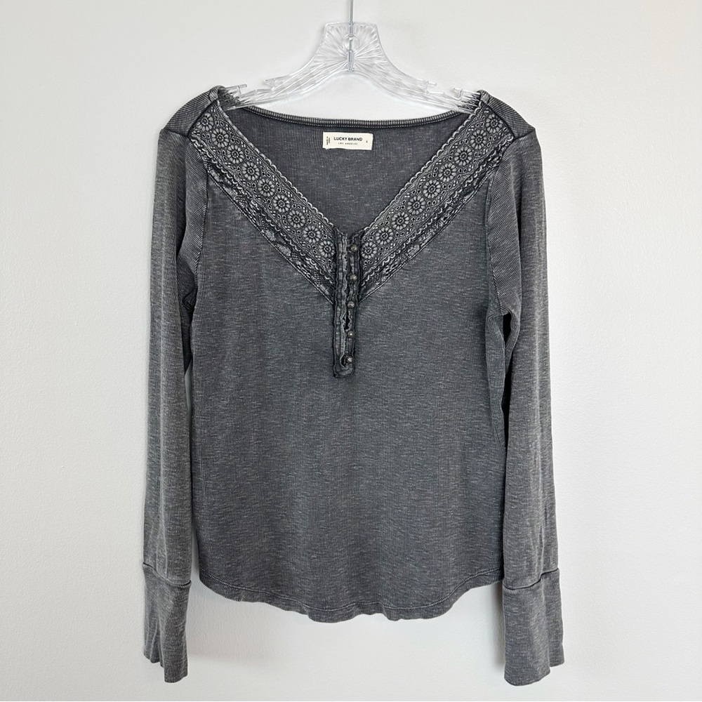 Lucky Brand Charcoal Lace Trim Large Henley Top